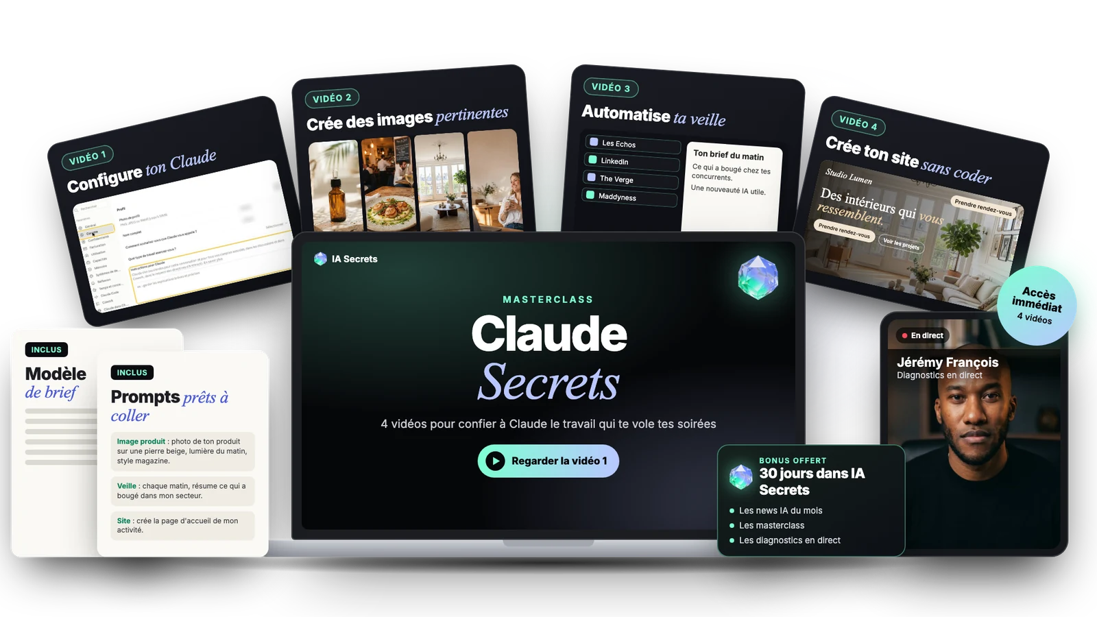 Tout ce que contient la Masterclass Claude Secrets : les 4 vidéos, les prompts prêts à coller, le modèle de brief et 30 jours offerts dans IA Secrets