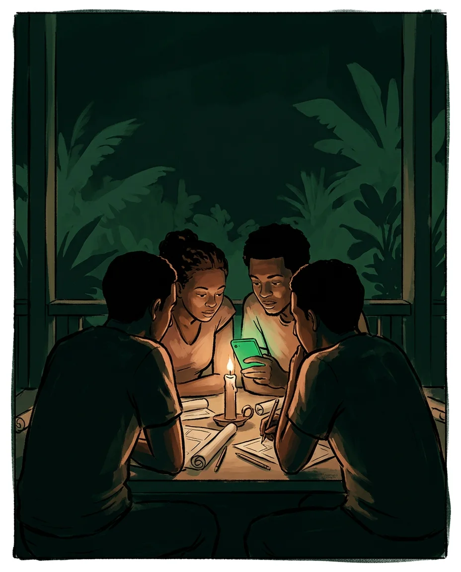 Des lecteurs réunis à la lueur d'une lampe